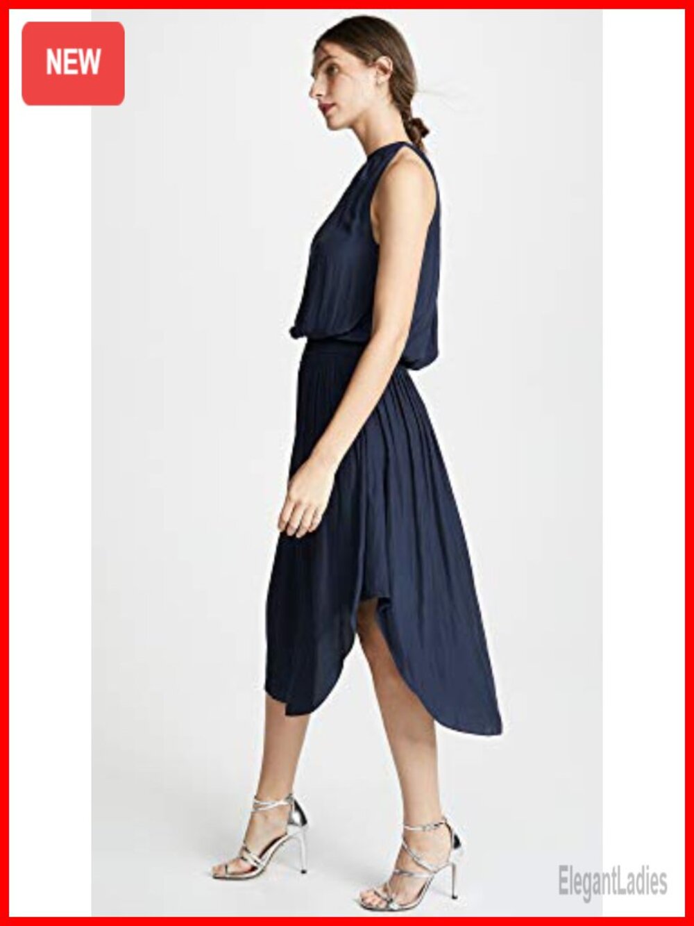 High Neck Midi Dress with Smocked Waist, Relaxed Fit, Sleeveless Casual Dress - Picture 3 of 5